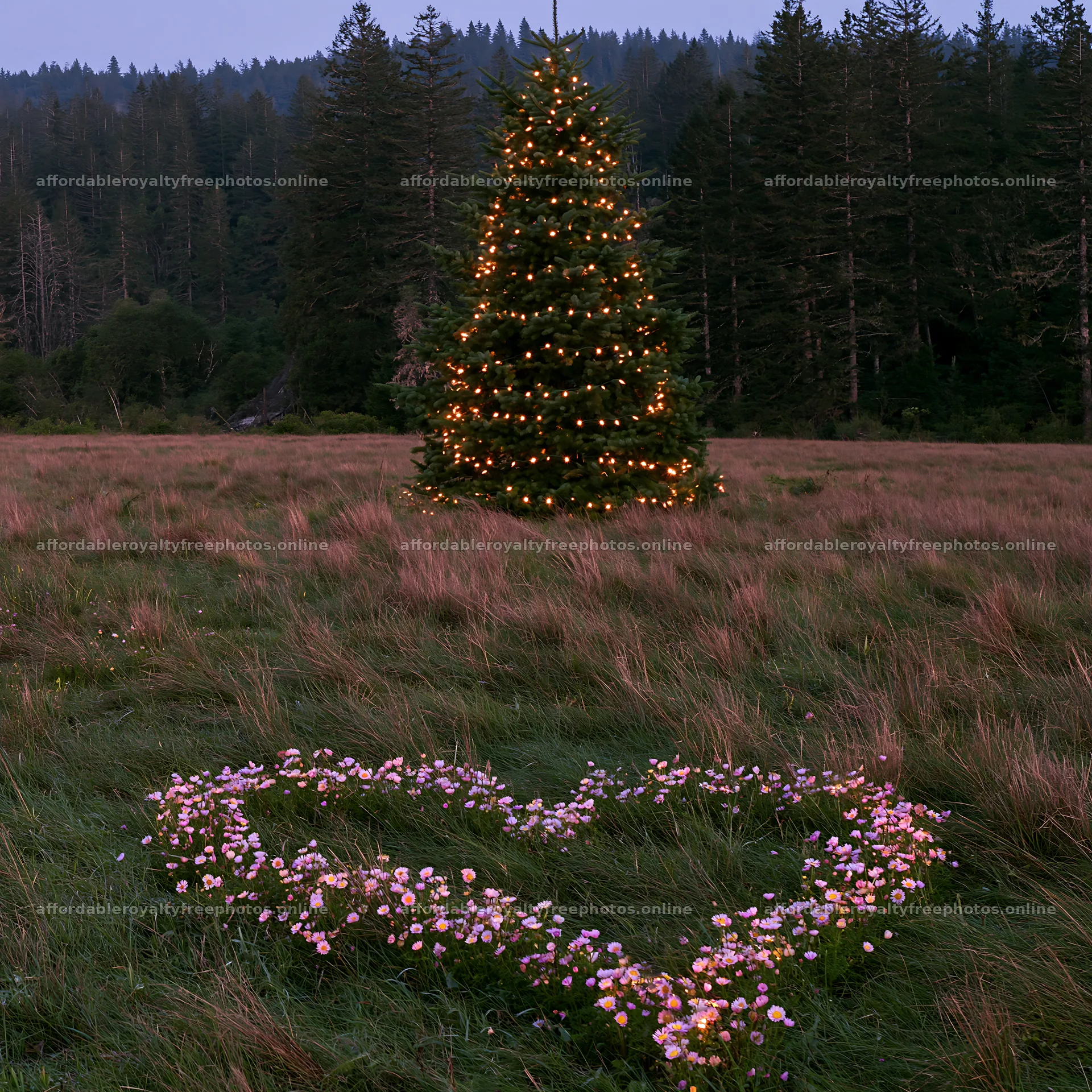 Christmas tree lights in meadow at dusk by cave – royalty-free photos 7938x7938