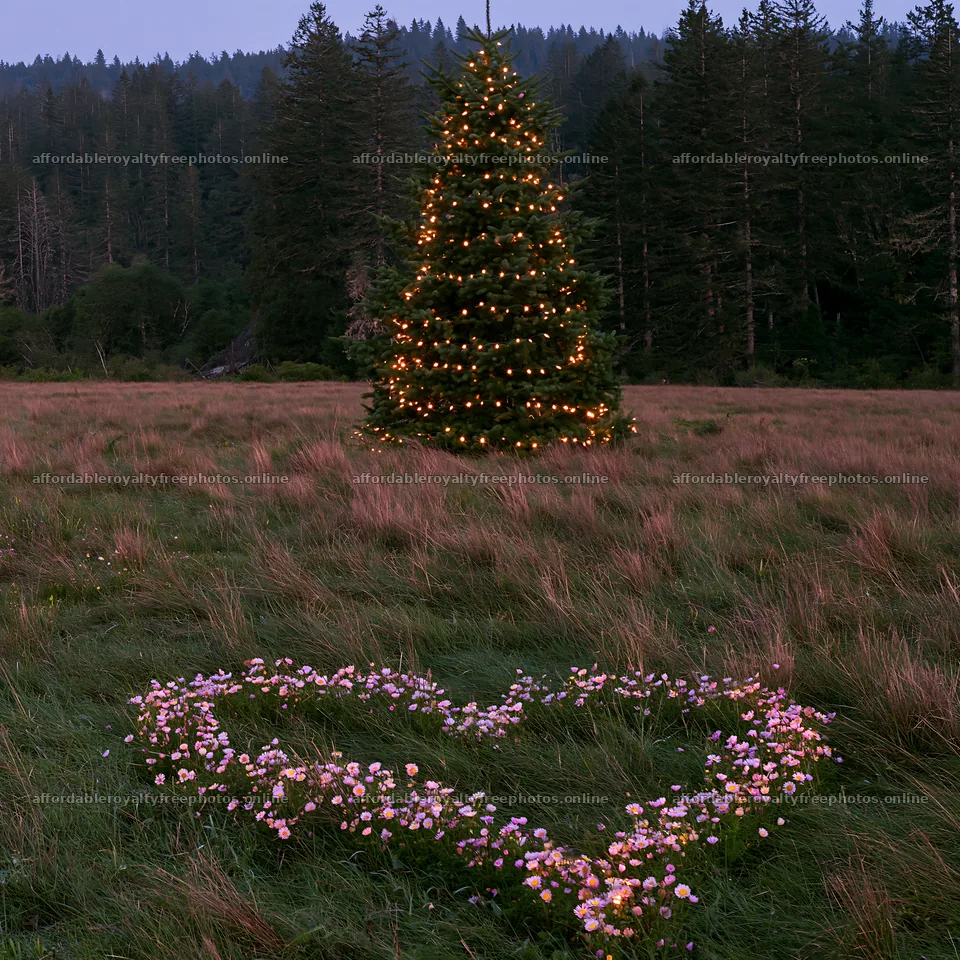 Christmas tree lights in meadow at dusk by cave – royalty-free photos 7938x7938