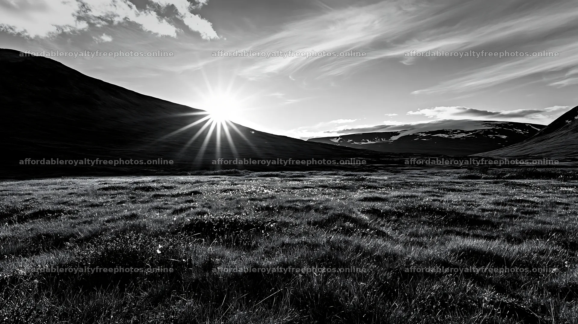 Sunlight beams over Jotunheimen valley meadow at sunrise – royalty-free photos 10608x5938