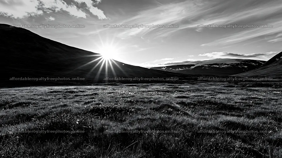 Sunlight beams over Jotunheimen valley meadow at sunrise – royalty-free photos 10608x5938