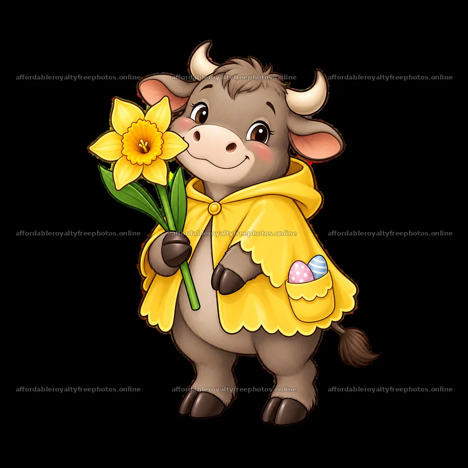 Easter ox holding a flower and wearing a yellow raincoat – royalty-free photos 7746x7746