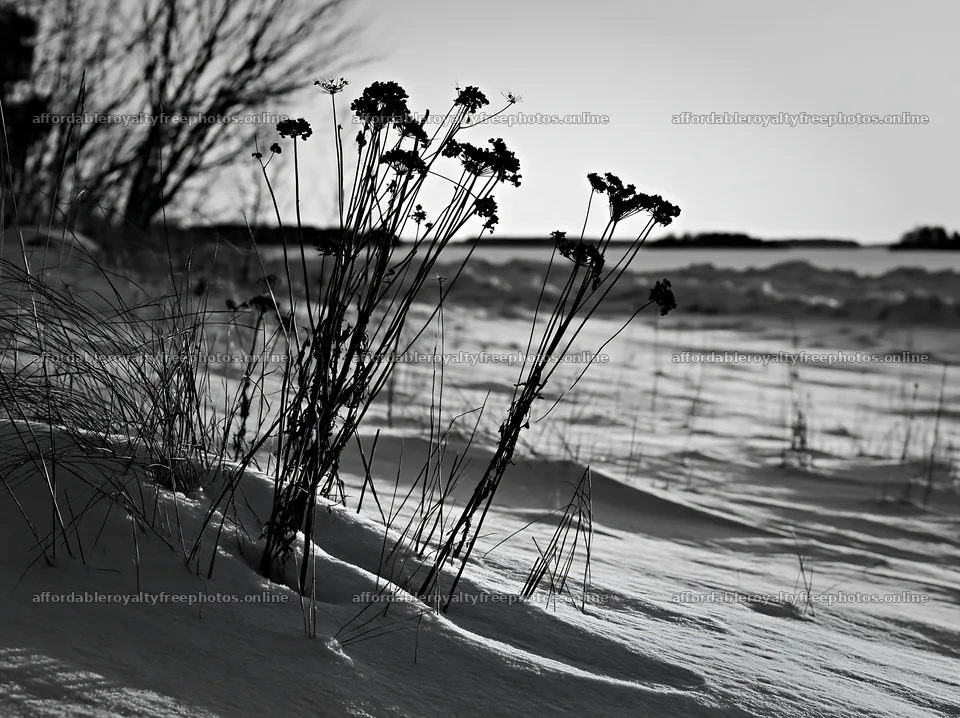 Dune meadow with snow and dried flowers in black and – royalty-free photos 9174x6866
