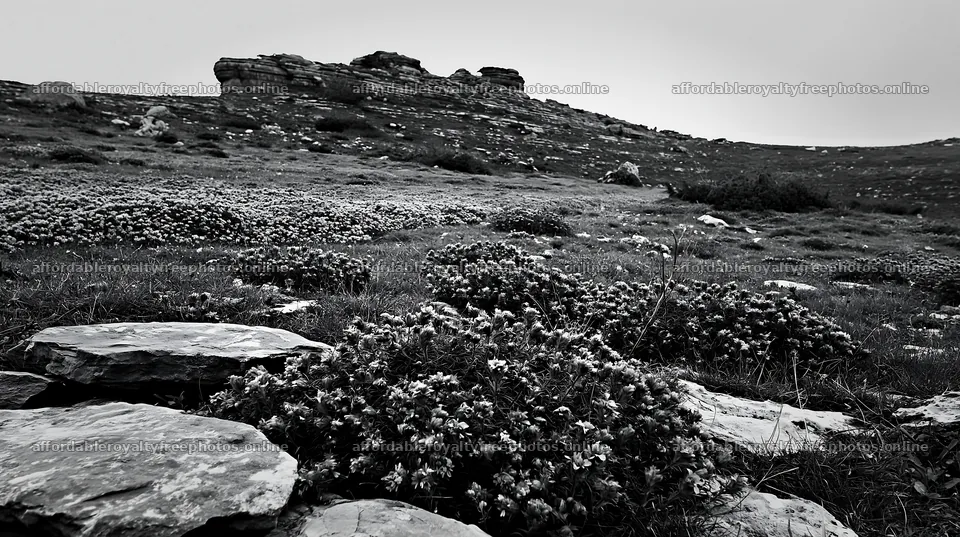 Cloudy rockrose meadow on a limestone slope – royalty-free photos 10608x5938