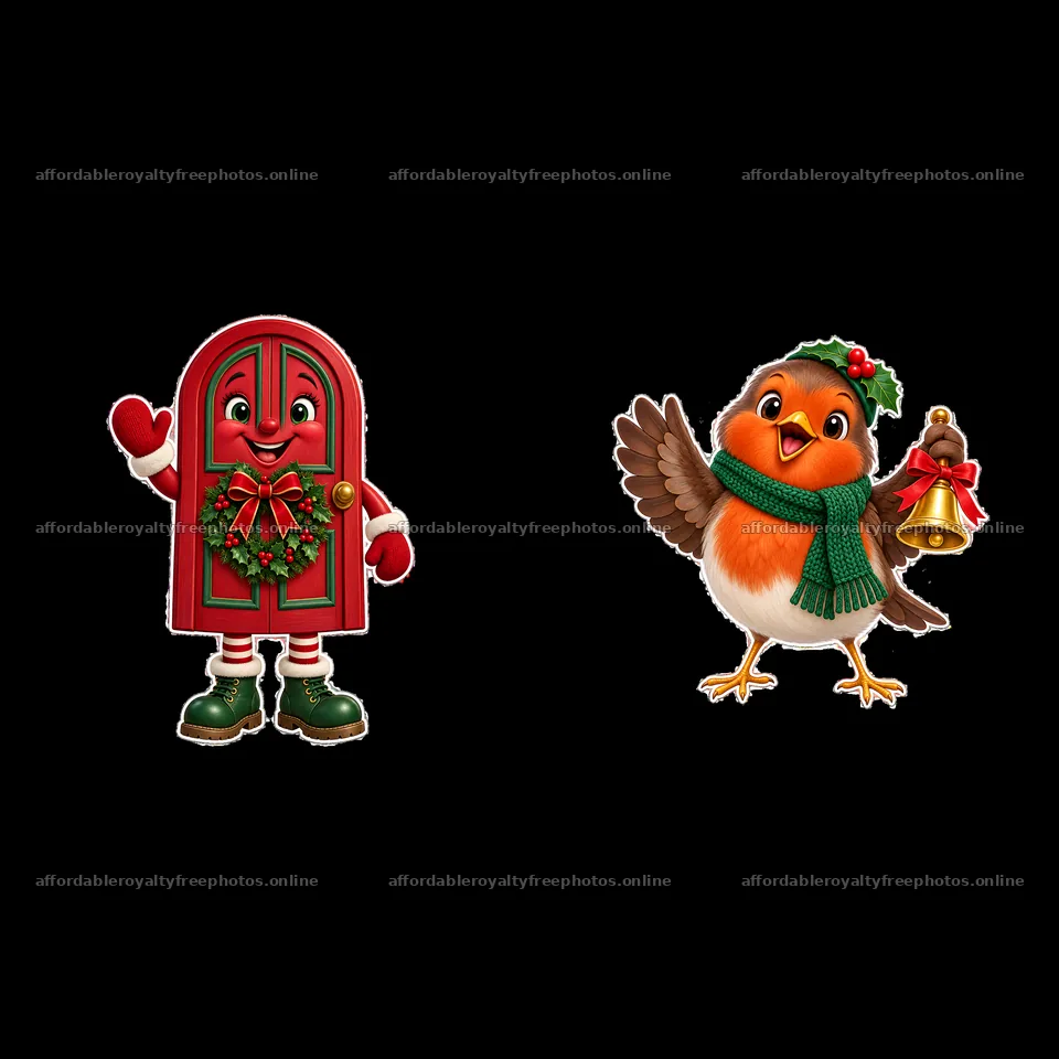 Christmas door character and festive bird sticker set – royalty-free photos 7746x7746
