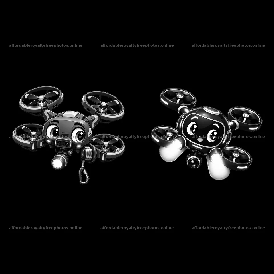 Cartoon drones with large eyes and different designs – royalty-free photos 7746x7746
