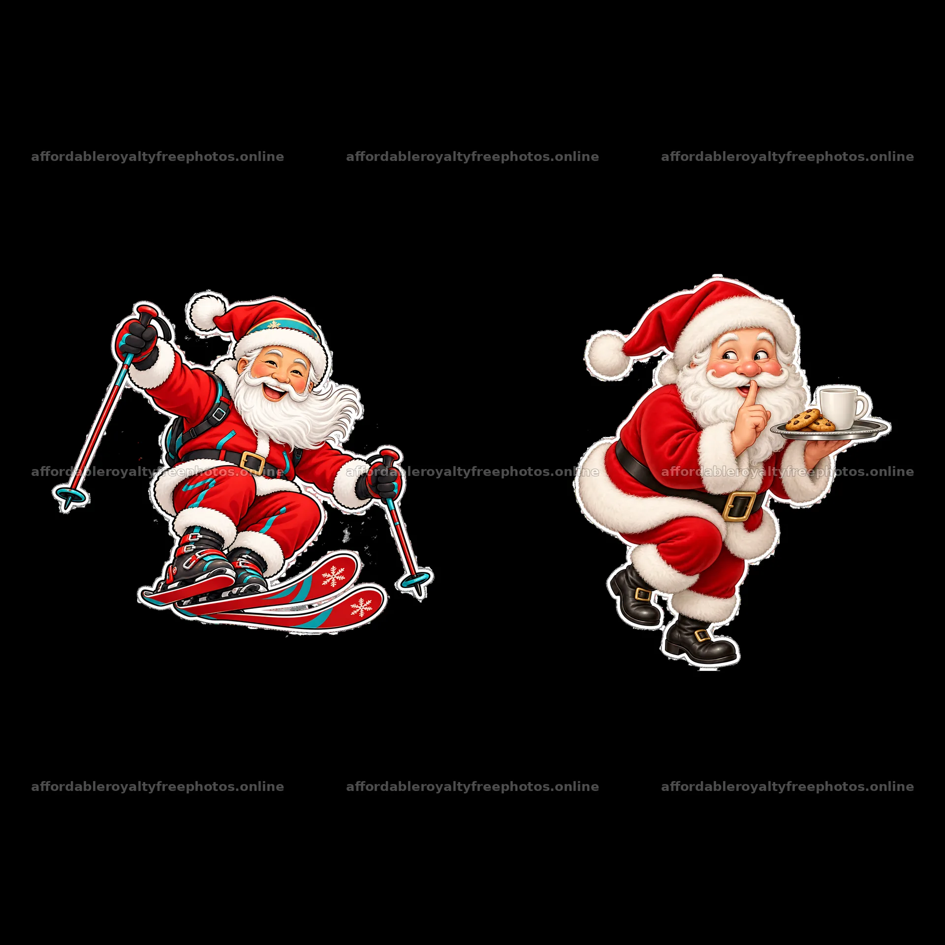 Santa Claus skiing and enjoying cookies in a festive – royalty-free photos 7746x7746