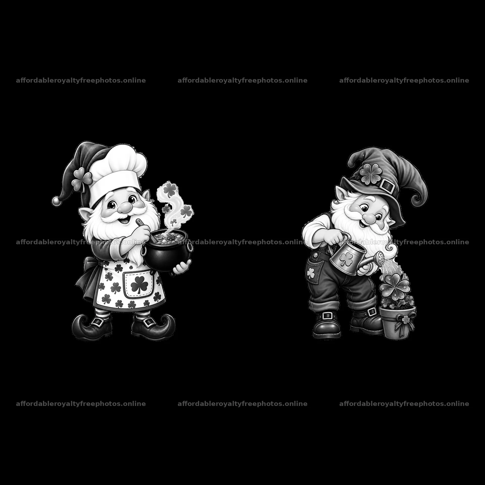 St. Patrick's Day gnomes holding pot of gold and shamrock – royalty-free photos 7746x7746