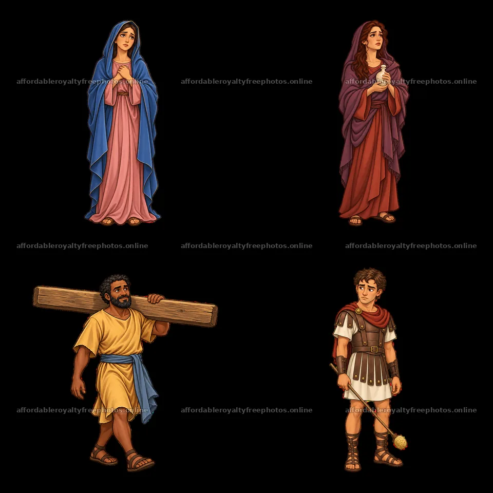 Jesus on the cross with Mary, soldiers, and a man – royalty-free photos 7746x7746