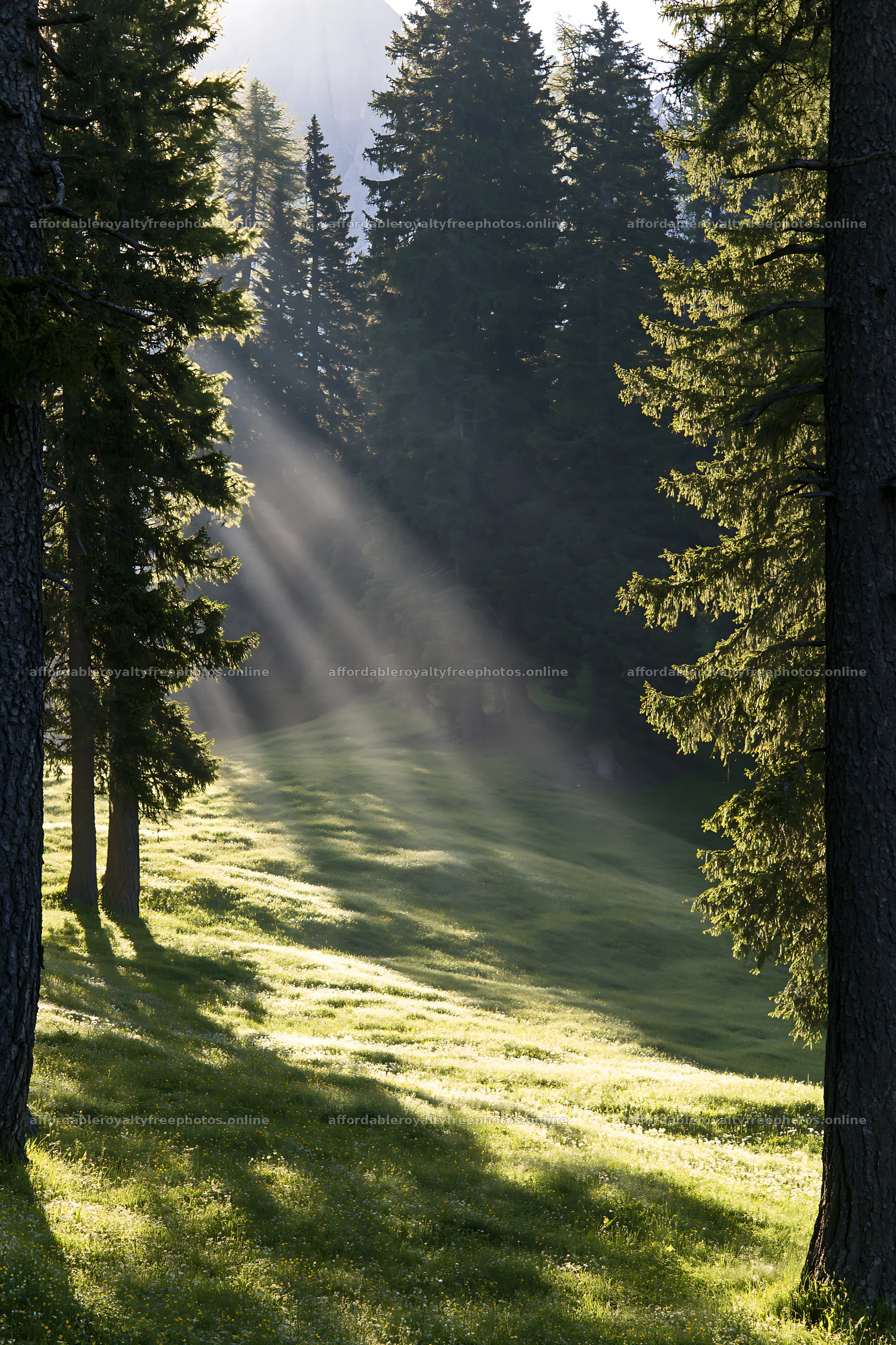 Sunbeams shining through trees in Alpe di Siusi meadow – royalty-free photos 6480x9722