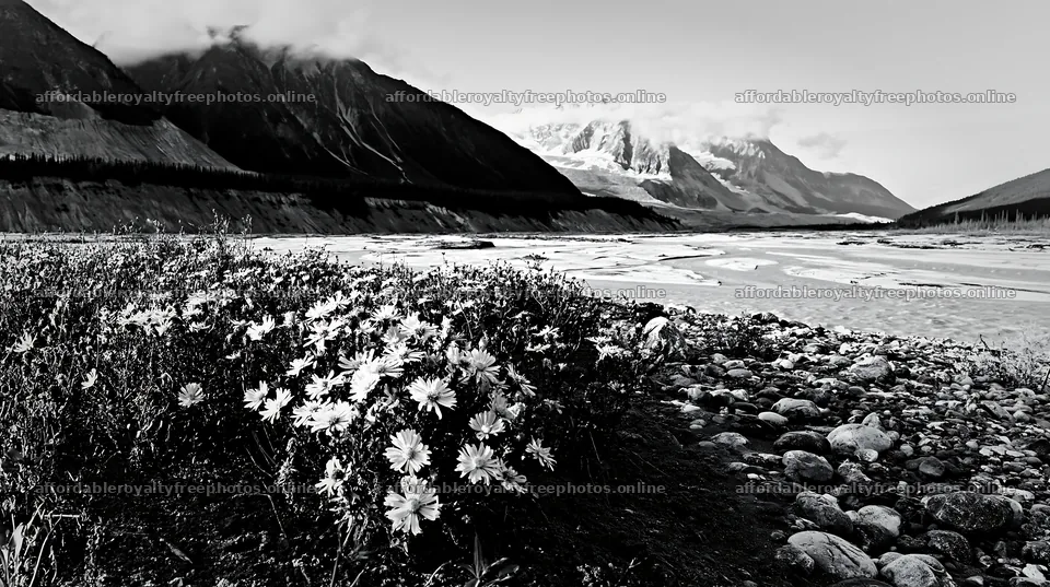 Colorful aster meadow by a river in a mountain landscape – royalty-free photos 10608x5938