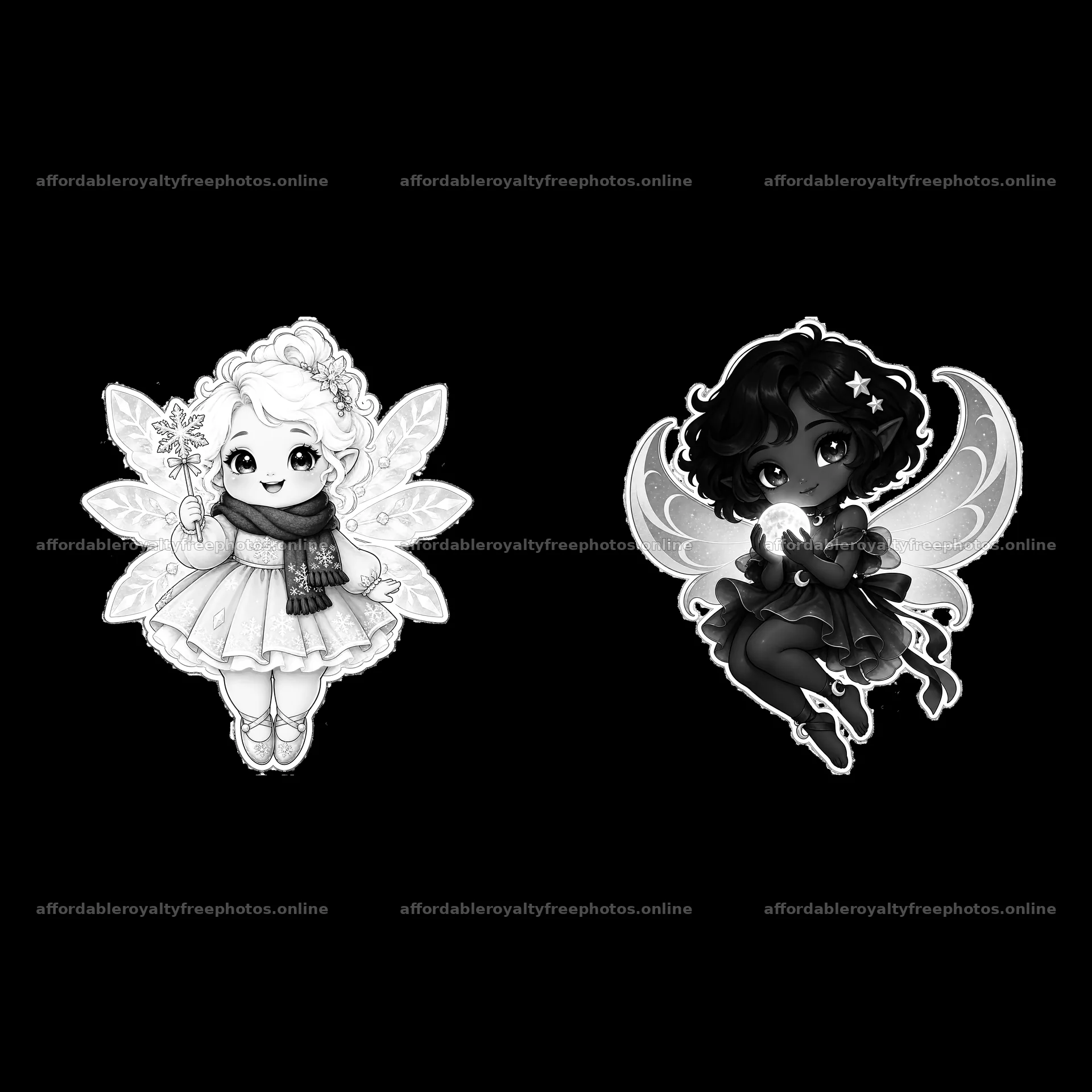 Kawaii chubby fairy duo holding magical items – royalty-free photos 7746x7746