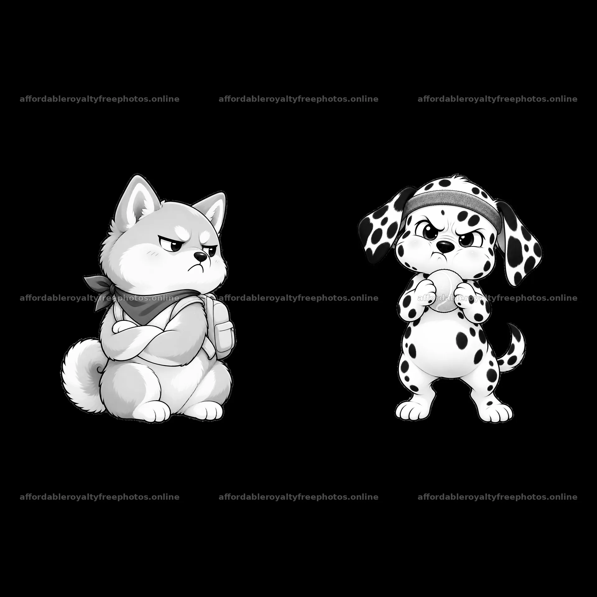Kawaii grumpy dogs in playful poses with accessories – royalty-free photos 7746x7746
