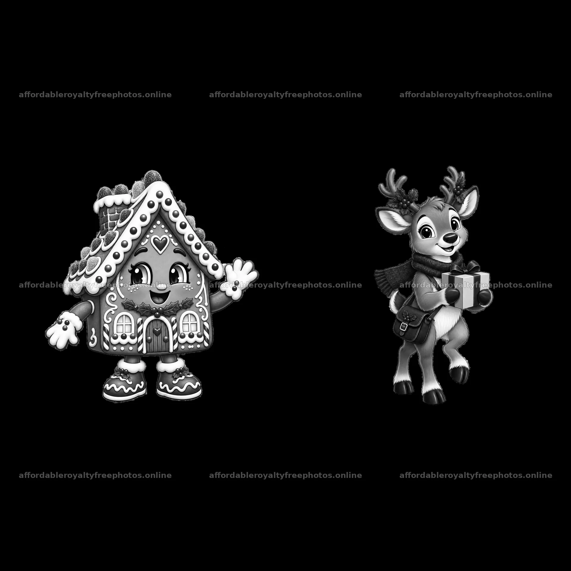 Gingerbread house and reindeer carrying gifts sticker – royalty-free photos 7746x7746