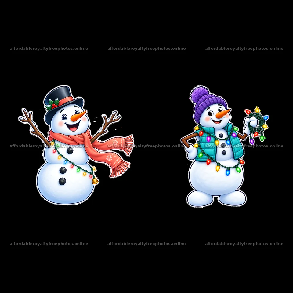 Snowmen decorated with string lights in holiday – royalty-free photos 7746x7746
