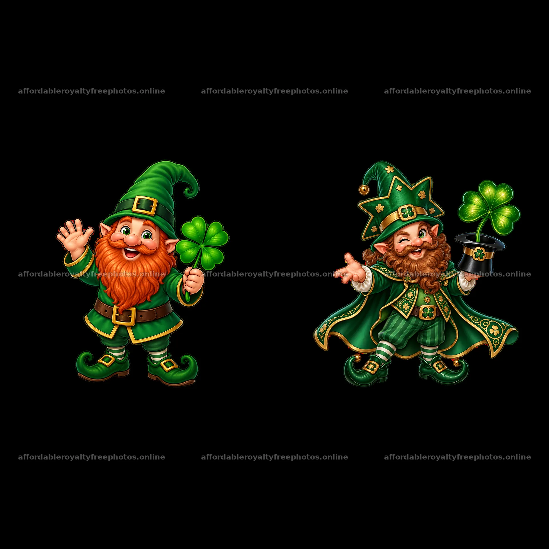 St. Patrick's Day gnomes with shamrocks in lively pose – royalty-free photos 7746x7746