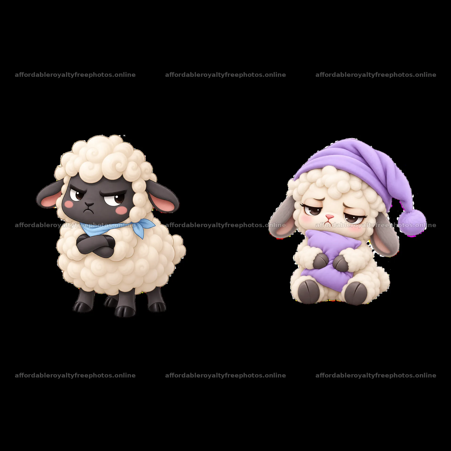 Kawaii grumpy sheep in playful poses and soft colors – royalty-free photos 7746x7746