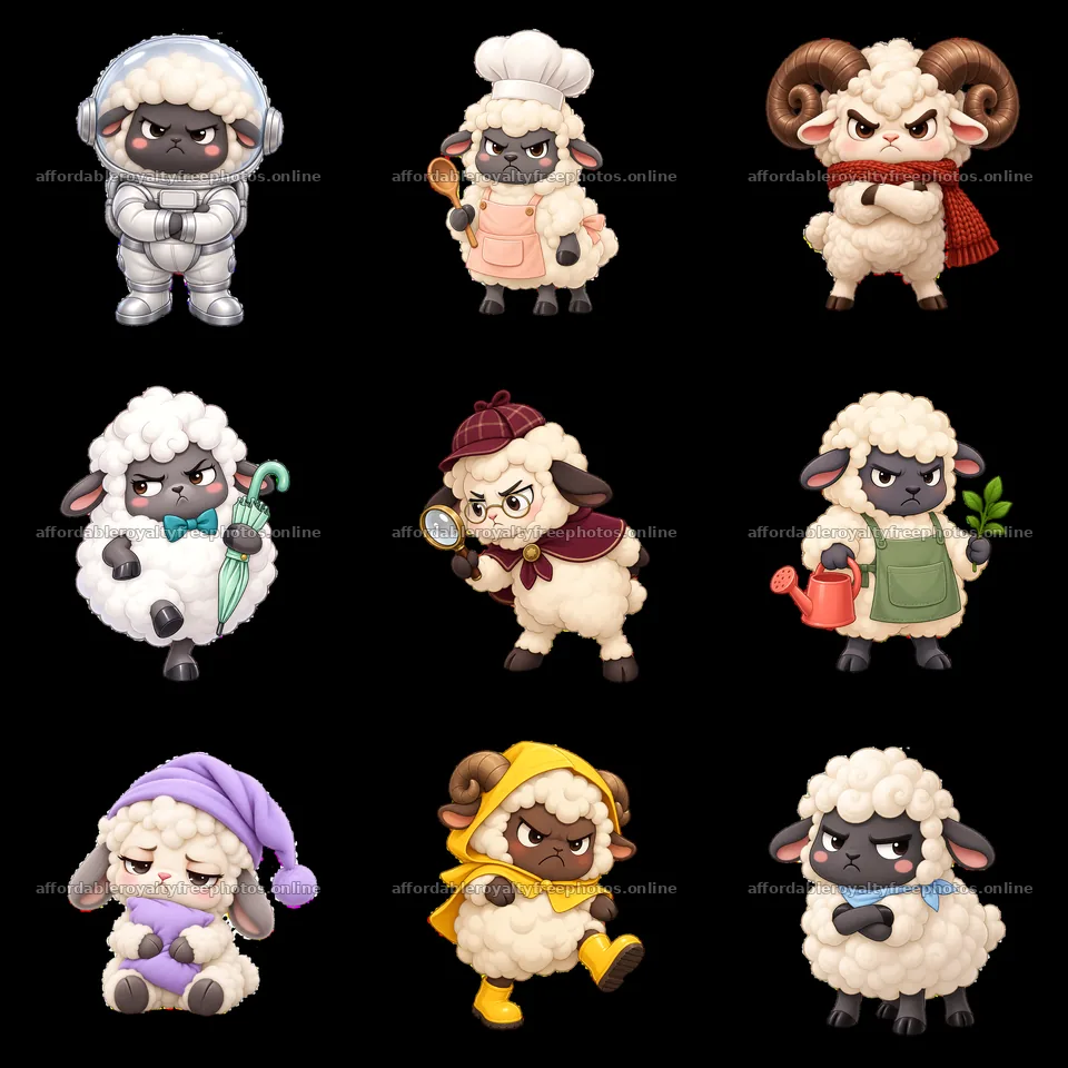 Grumpy sheep in various costumes and activities arranged – royalty-free photos 7746x7746