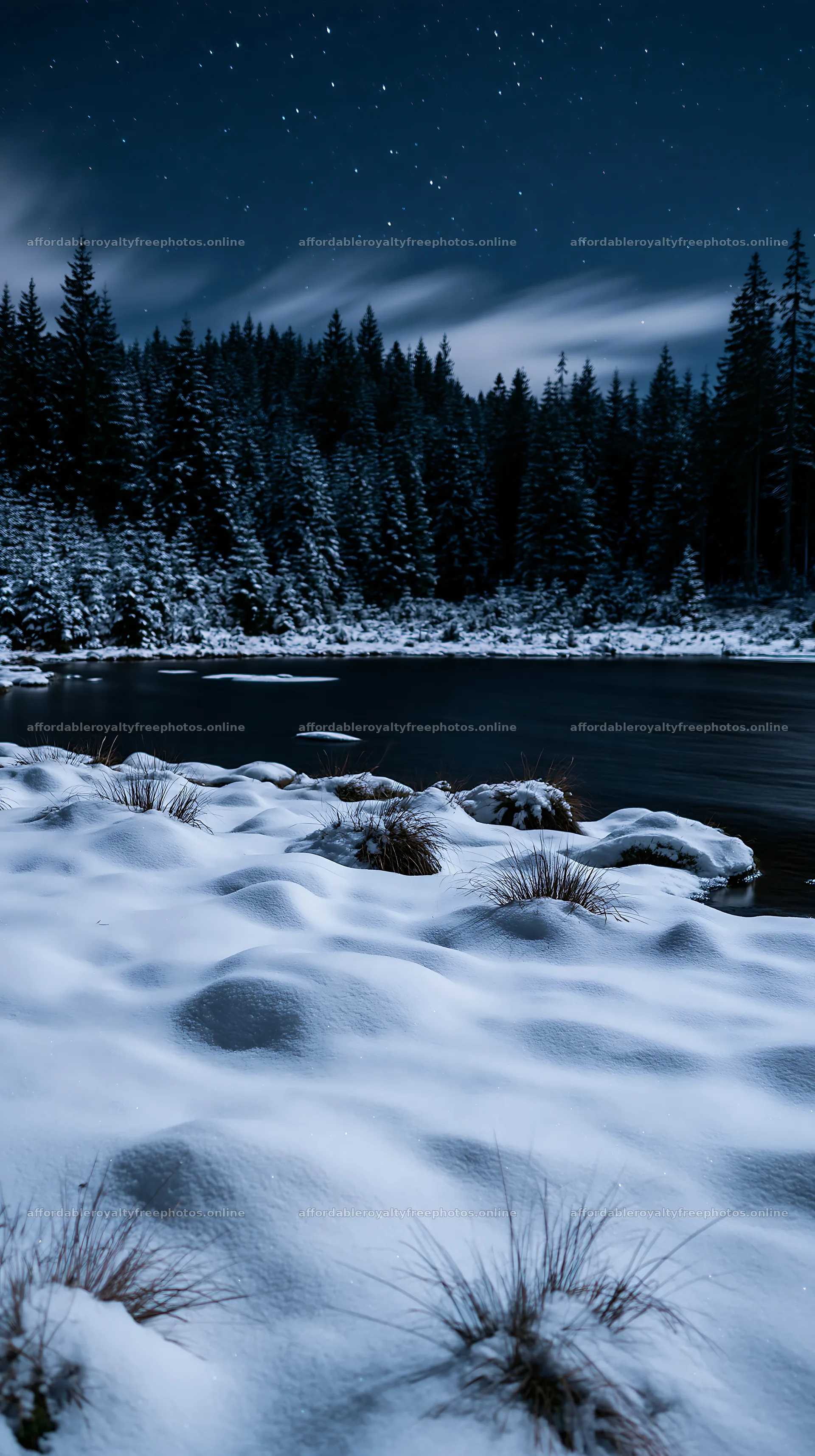 Snow-covered lakeside meadow at night with forest in – royalty-free photos 5938x10608