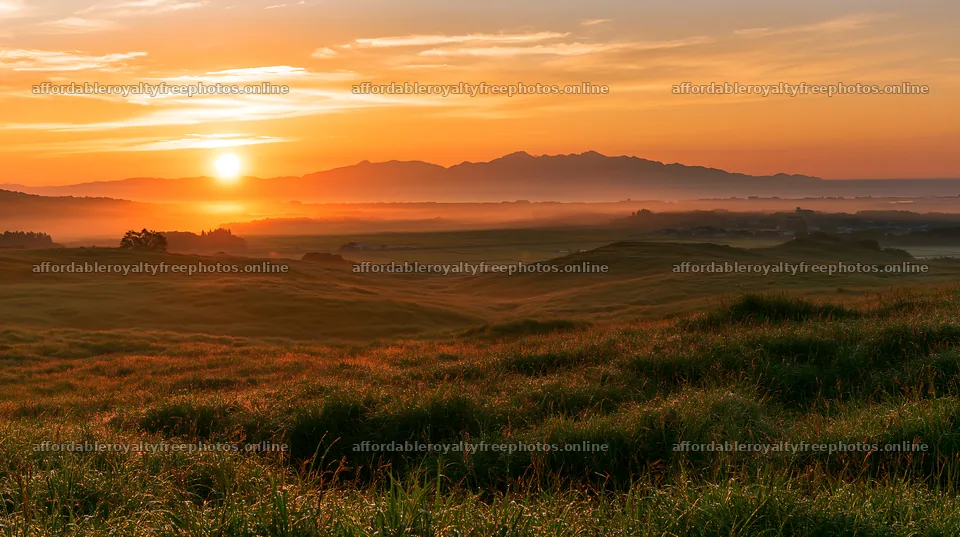 Miyazaki sunrise meadow dew covered sedges create a – royalty-free photos 10608x5938