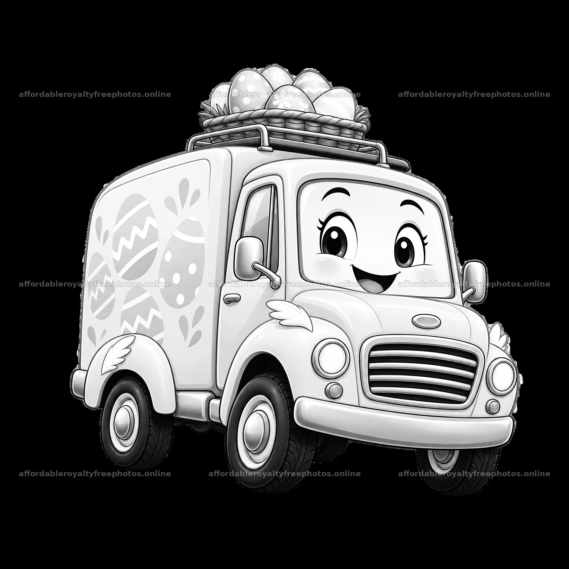 Easter truck with basket of eggs and cheerful expression – royalty-free photos 7746x7746