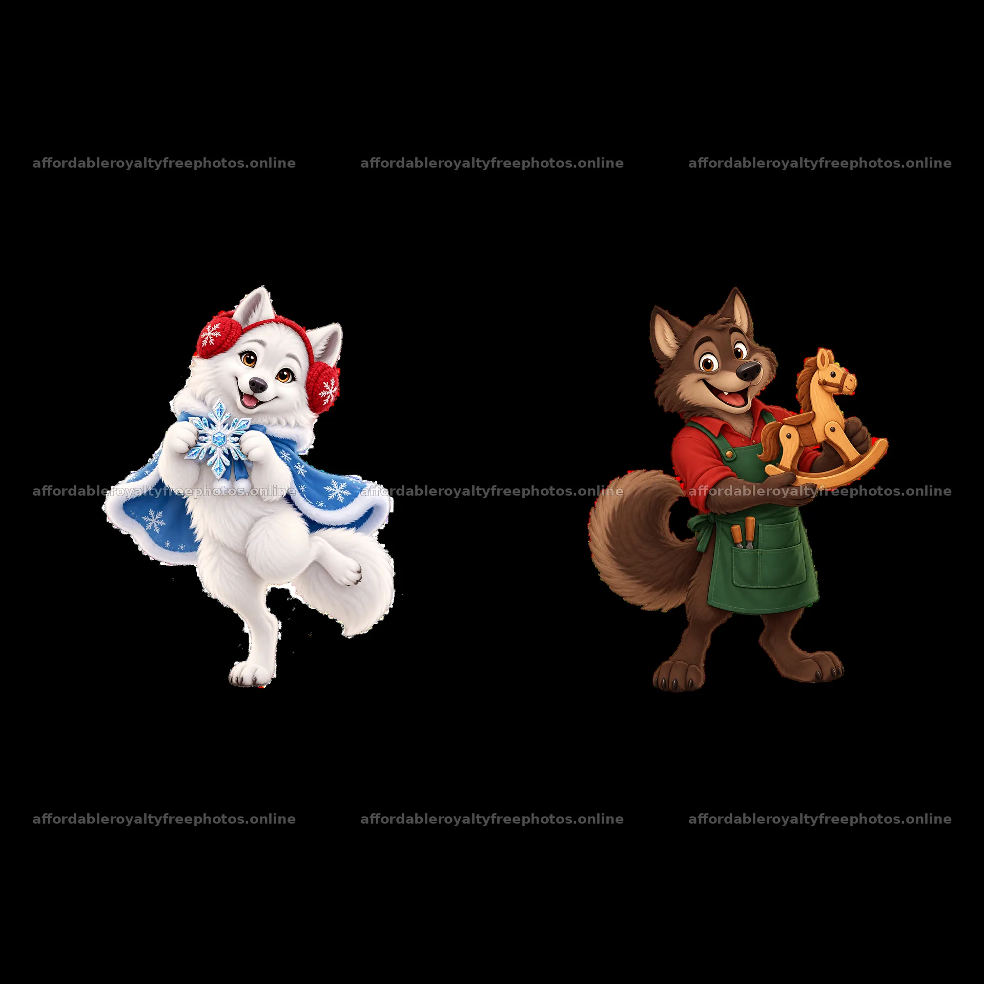 Christmas wolf characters with winter attire and toys – royalty-free photos 7746x7746