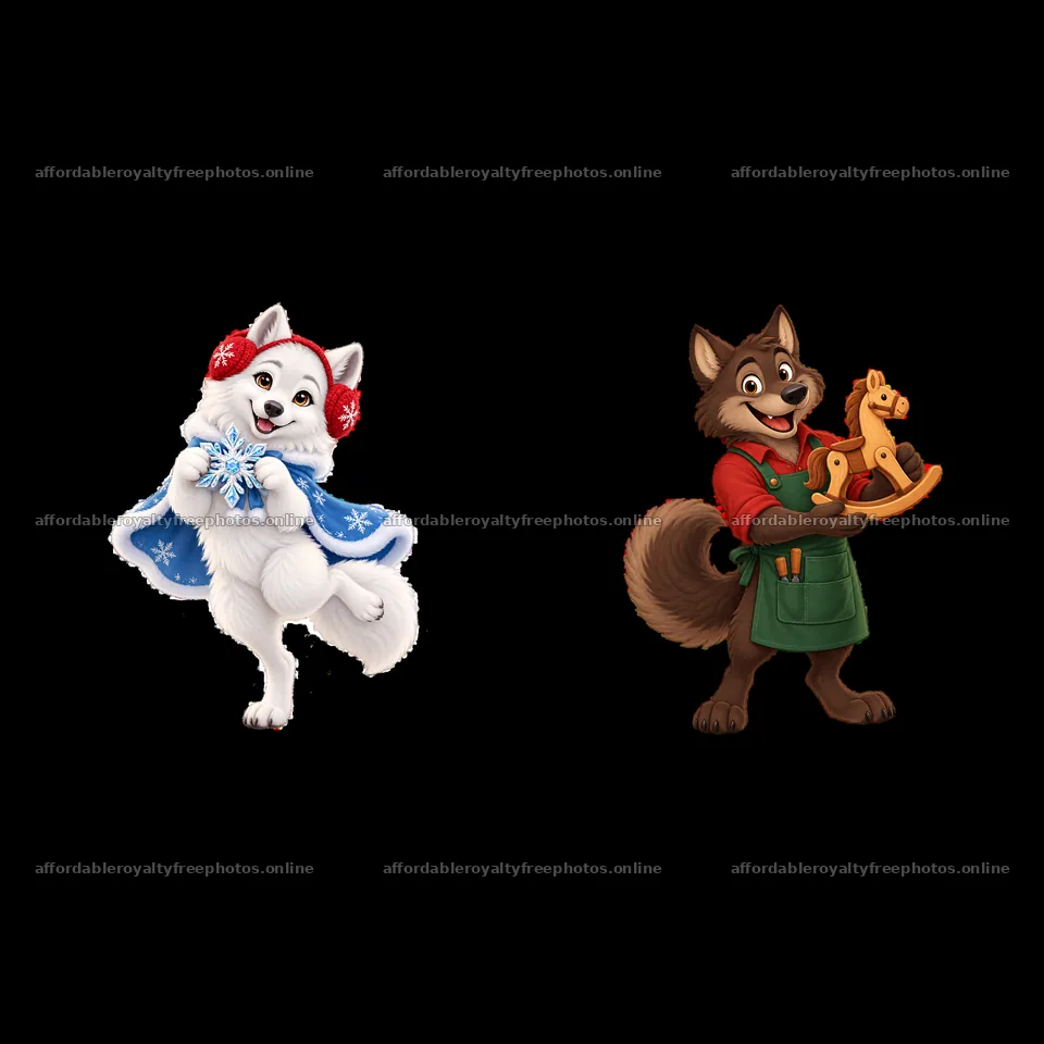 Christmas wolf characters with winter attire and toys – royalty-free photos 7746x7746
