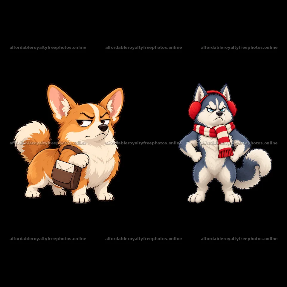 Grumpy dog duo with a corgi and a husky in cute outfits – royalty-free photos 7746x7746