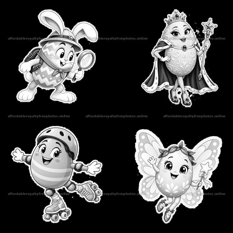 Easter egg characters with accessories in a 2x2 layout – royalty-free photos 7746x7746