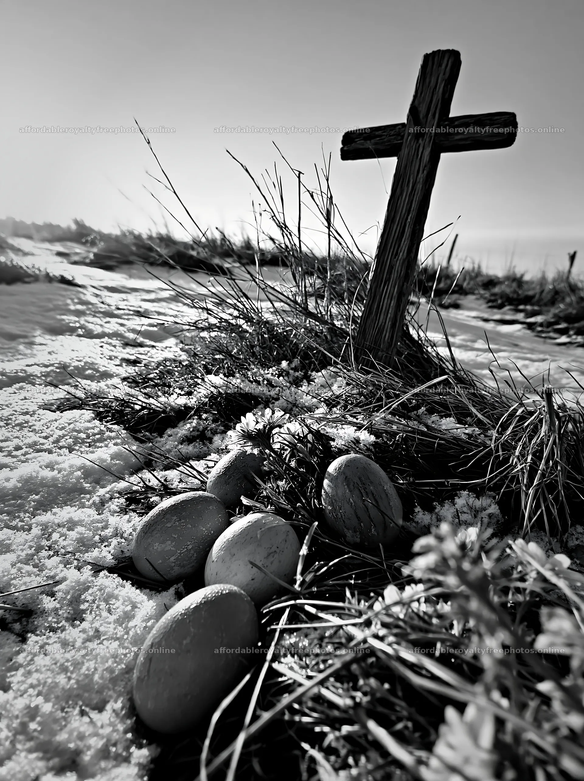 Weathered Christian cross in snowy meadow with stones – royalty-free photos 6866x9174