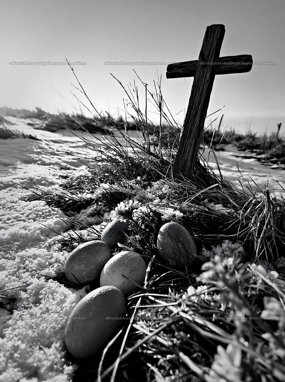 Weathered Christian cross in snowy meadow with stones – royalty-free photos 6866x9174