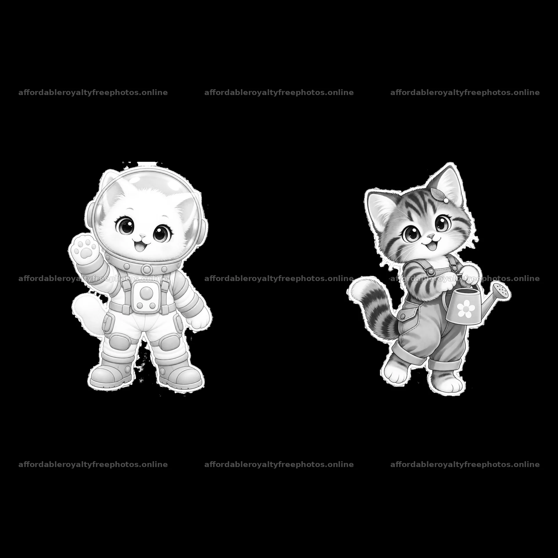 Kawaii cat characters in space suit and gardening outfit – royalty-free photos 7746x7746