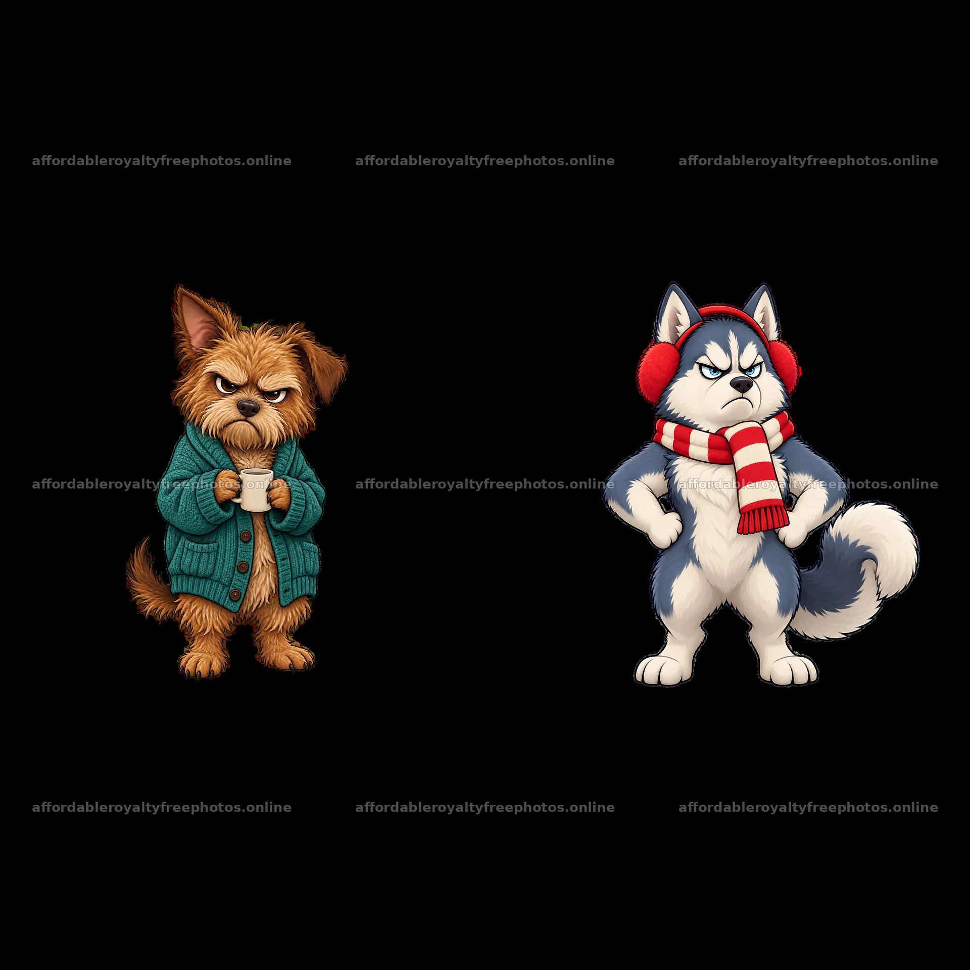 Grumpy dog characters in winter outfits with accessories – royalty-free photos 7746x7746