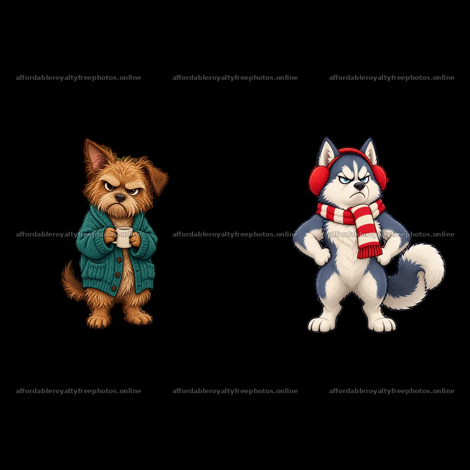 Grumpy dog characters in winter outfits with accessories – royalty-free photos 7746x7746