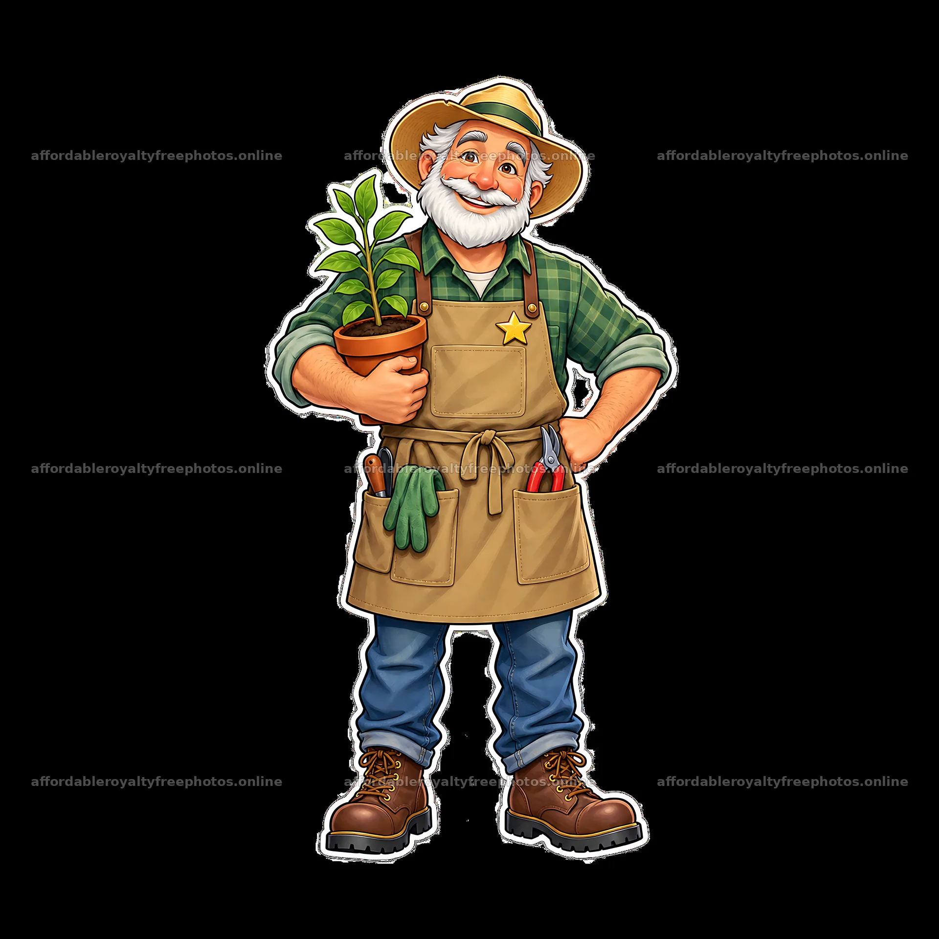 Gardener holding a potted plant and tools with a – royalty-free photos 7746x7746