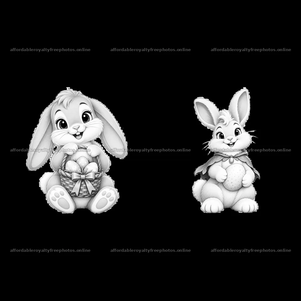 Bunny characters with eggs and a cape in Easter theme – royalty-free photos 7746x7746