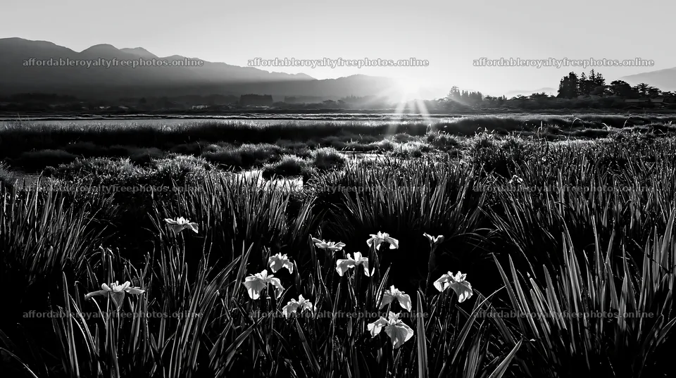 Dew covered meadow in Niigata floodplain at sunrise – royalty-free photos 10608x5938