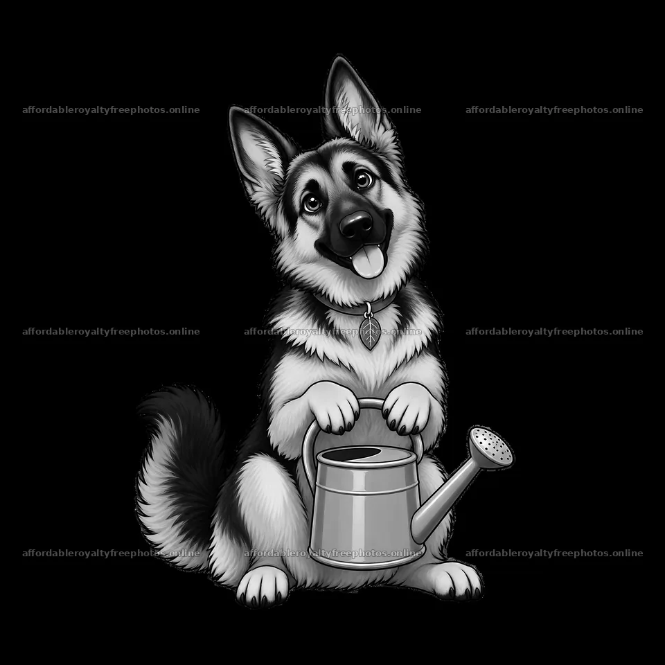 German shepherd dog sitting with a watering can for – royalty-free photos 7746x7746