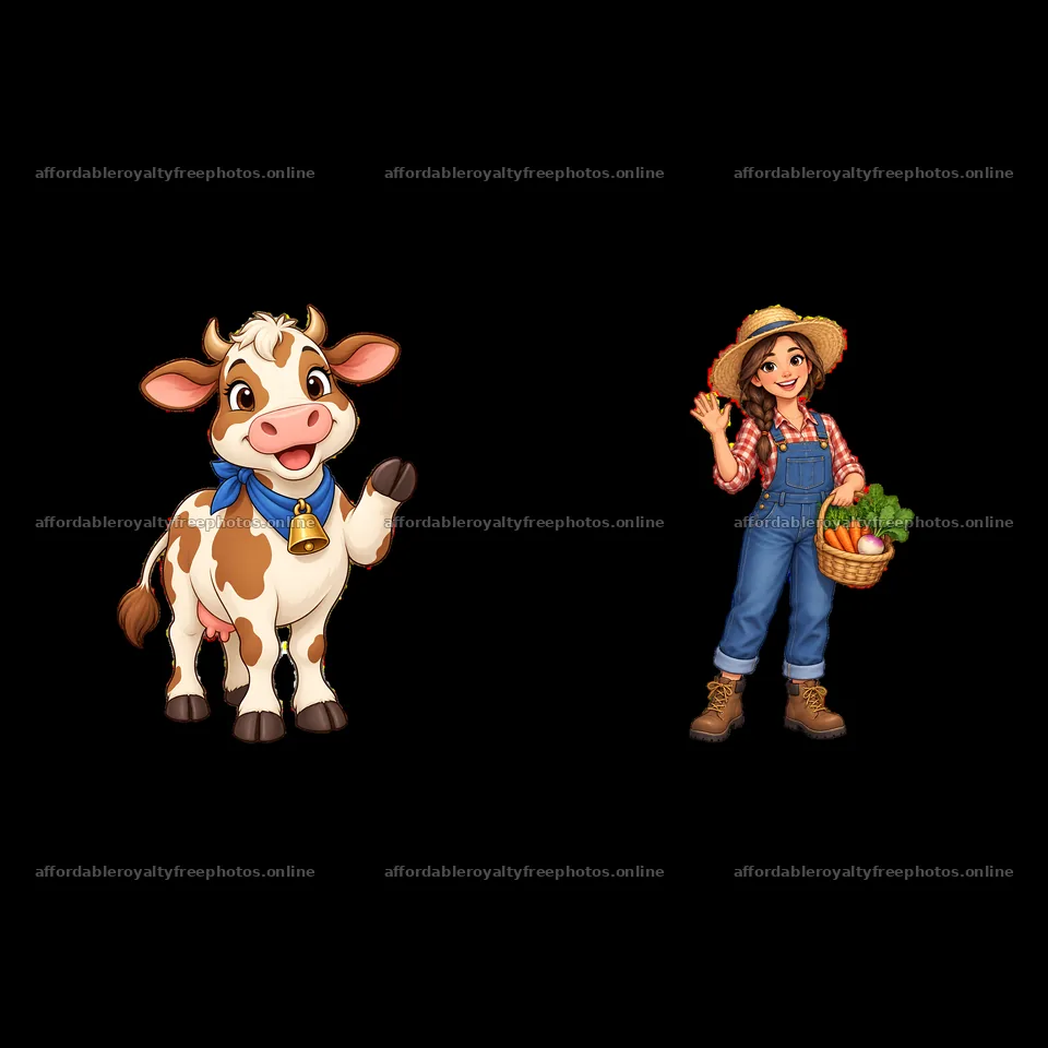 Cow waving with girl holding basket on farm – royalty-free photos 7746x7746
