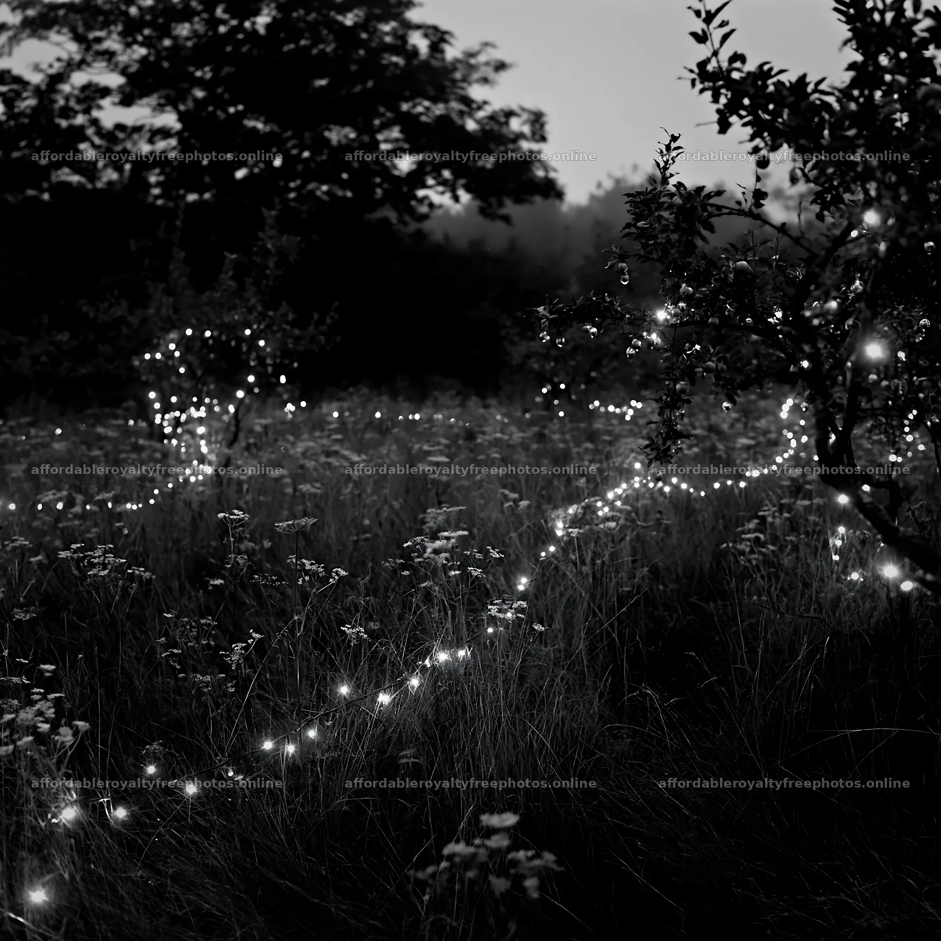 Christmas meadow with apple trees and lights at dawn – royalty-free photos 7938x7938
