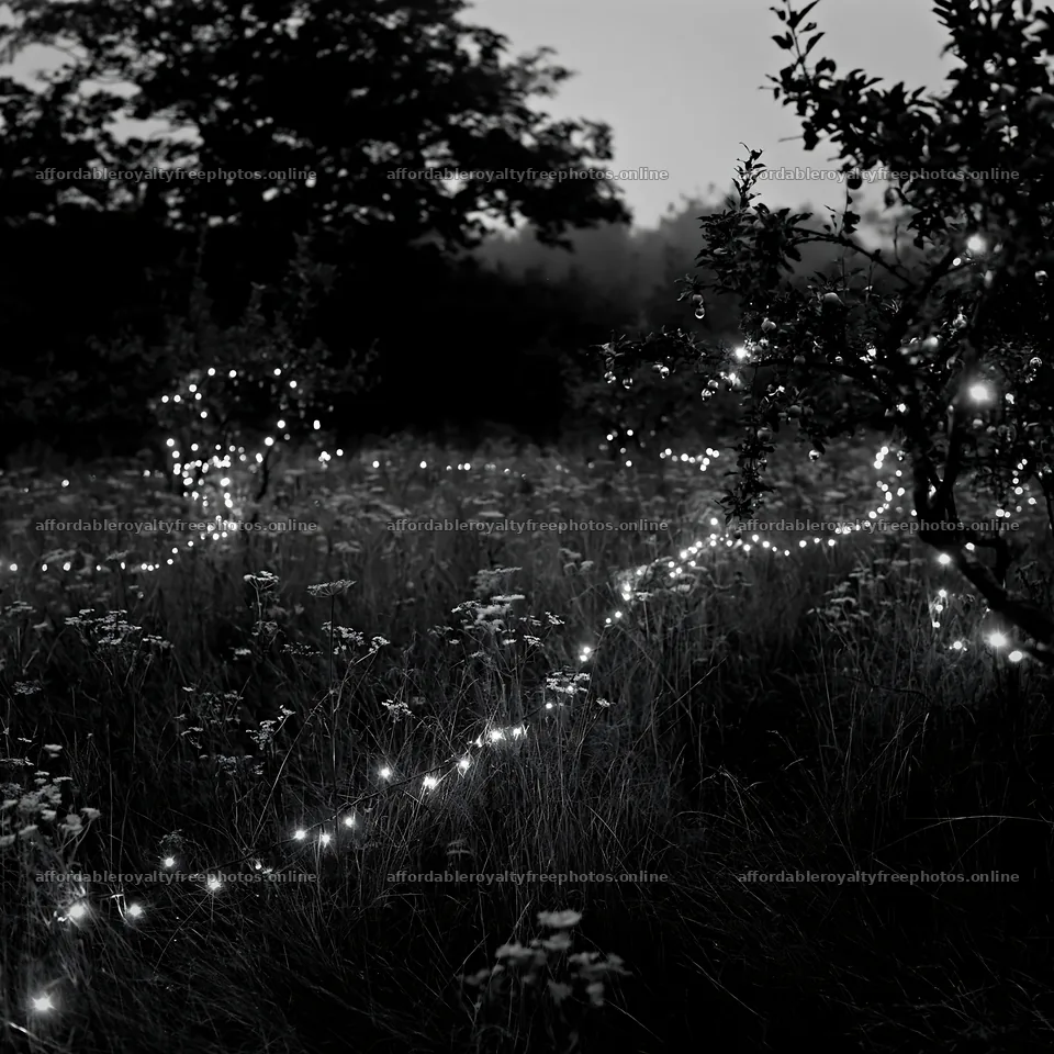 Christmas meadow with apple trees and lights at dawn – royalty-free photos 7938x7938