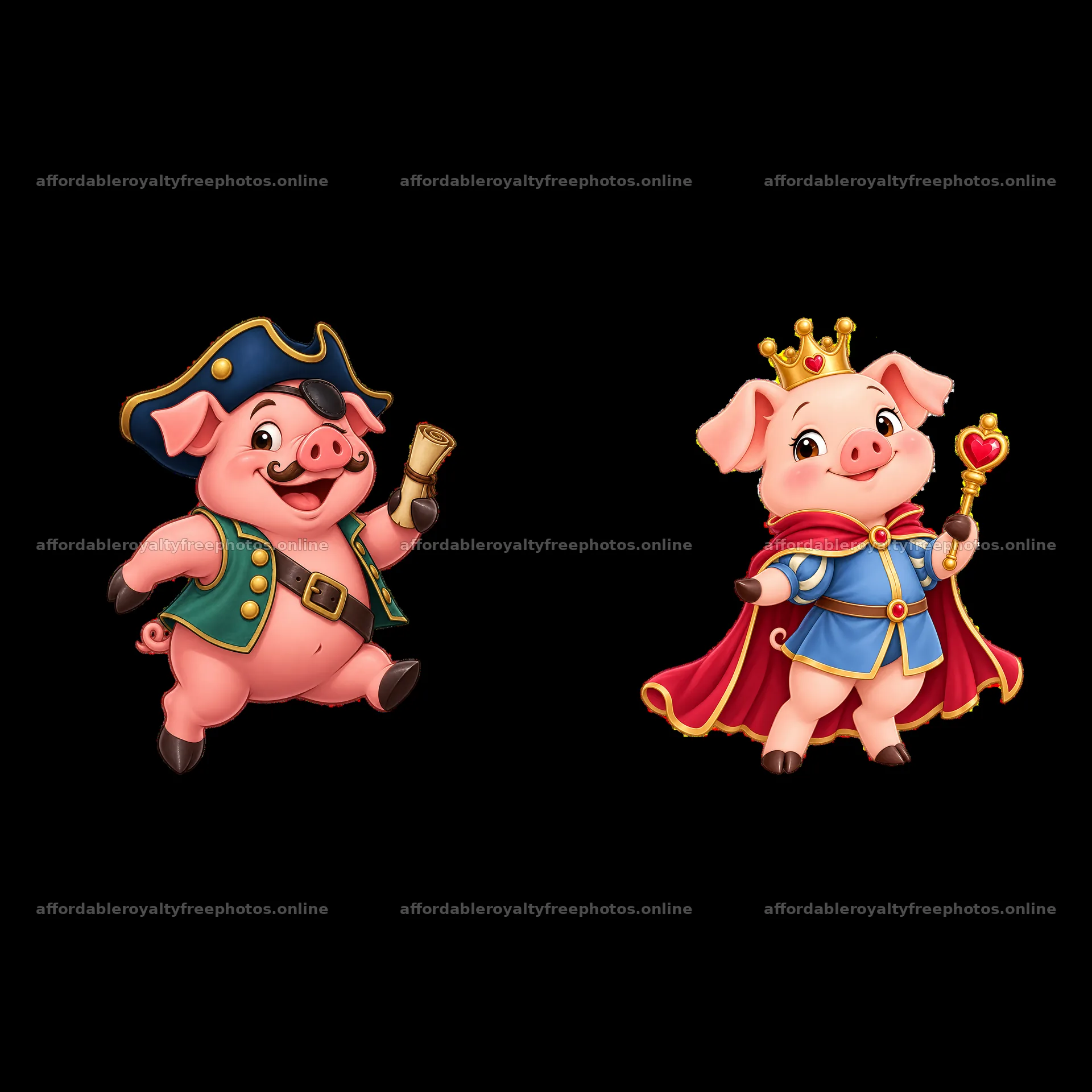 Cartoon pig characters in pirate and royal costumes – royalty-free photos 7746x7746
