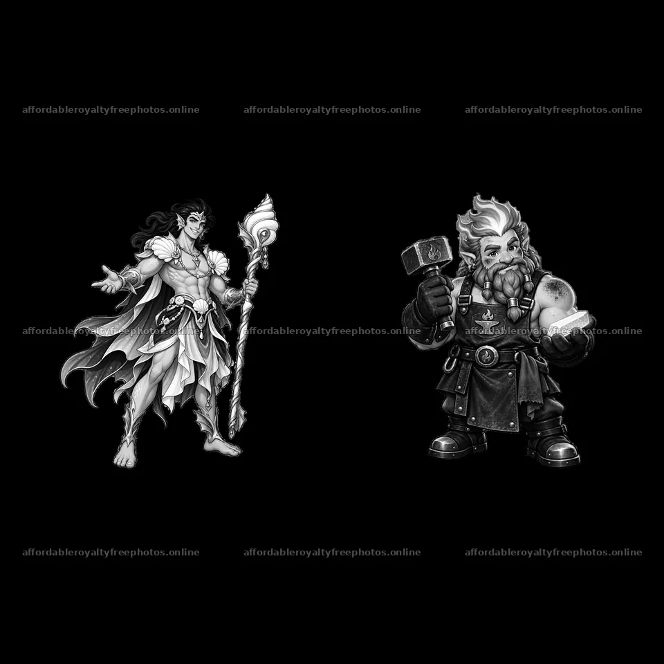 Pagan gods cartoon sticker set with a deity and a – royalty-free photos 7746x7746