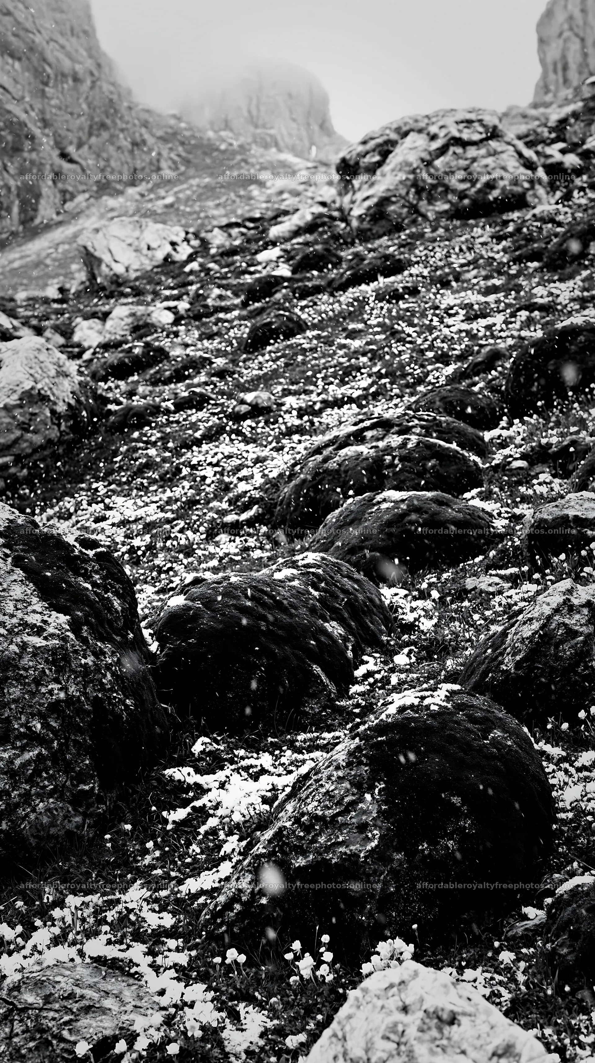 Mossy boulders in a meadow during foggy weather – royalty-free photos 5938x10608