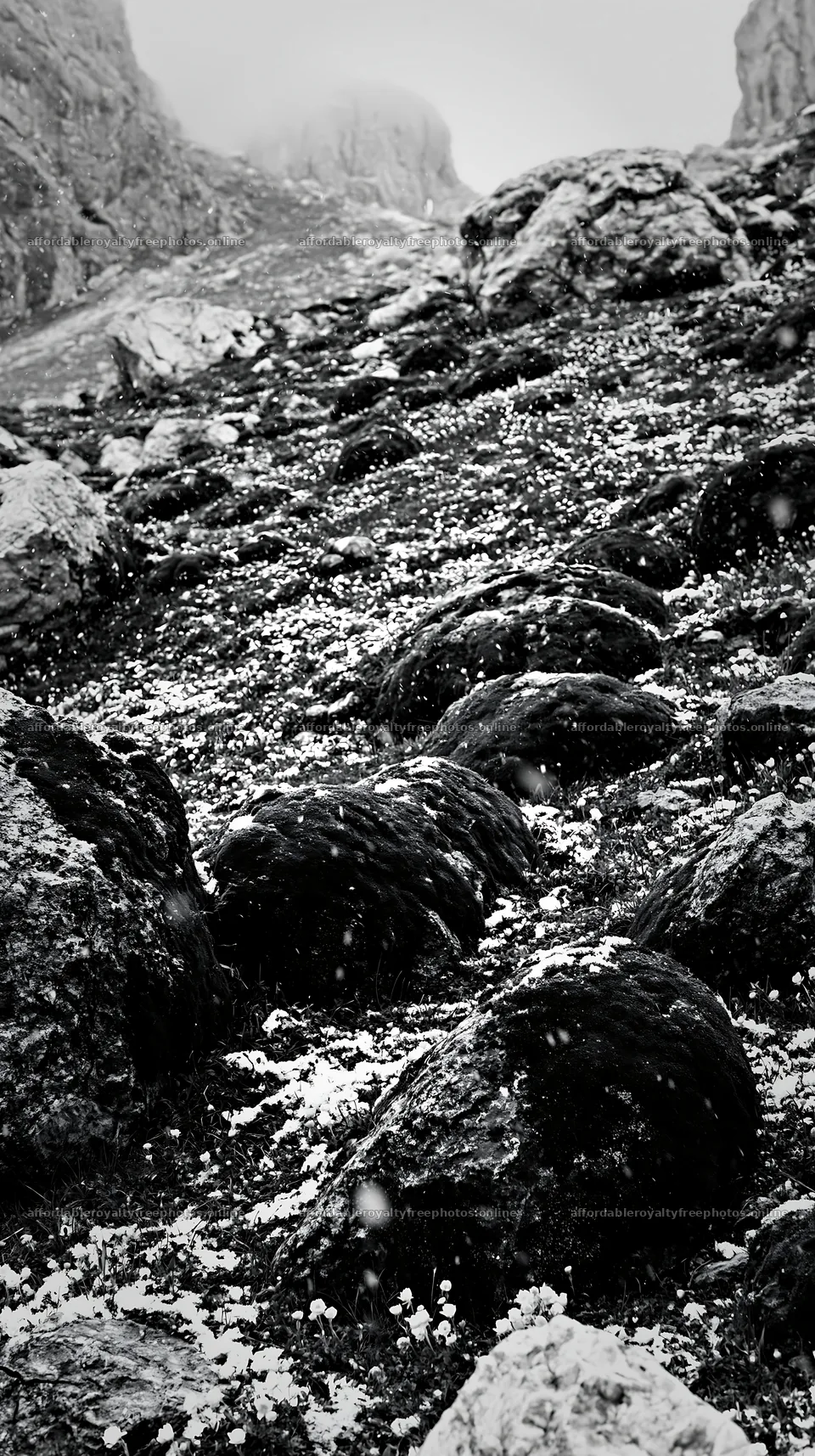 Mossy boulders in a meadow during foggy weather – royalty-free photos 5938x10608