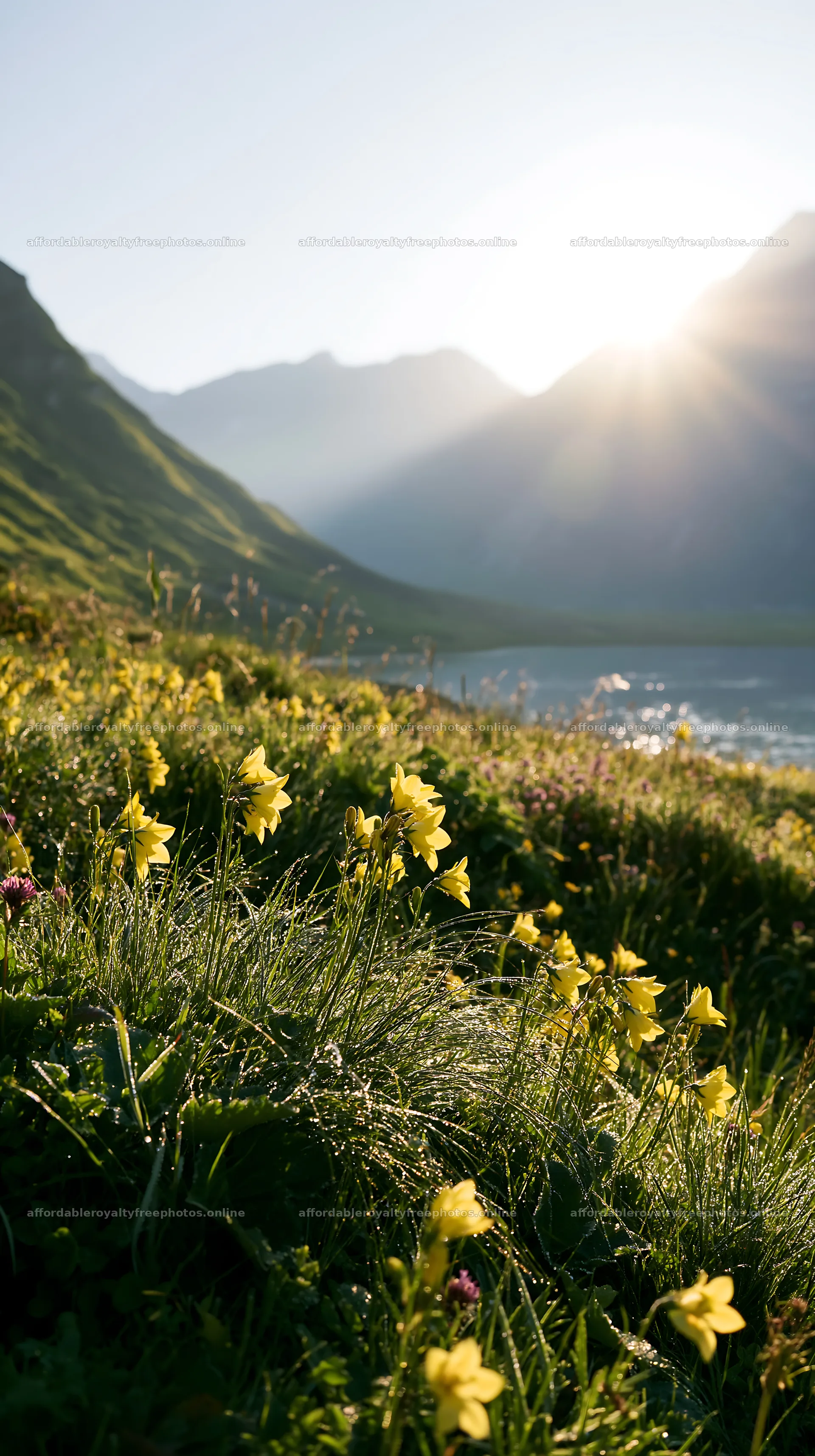 Swiss meadow beside alpine lake in sunlight – royalty-free photos 5938x10608