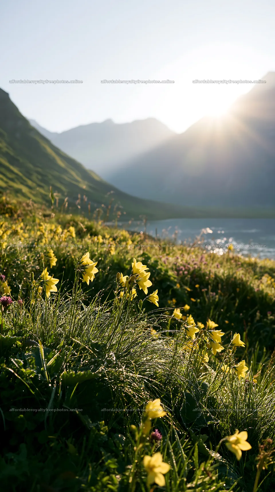 Swiss meadow beside alpine lake in sunlight – royalty-free photos 5938x10608