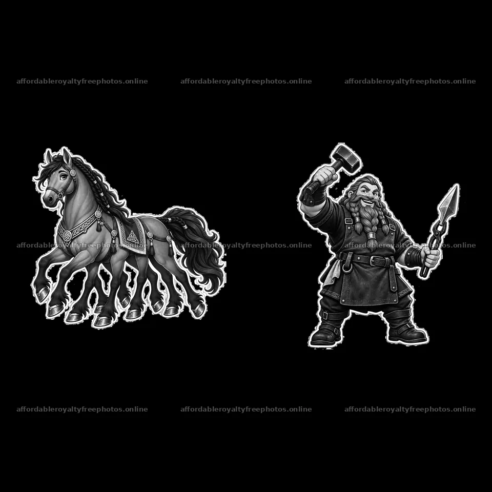 Odin's horse and a Norse warrior with a hammer and spear – royalty-free photos 7746x7746