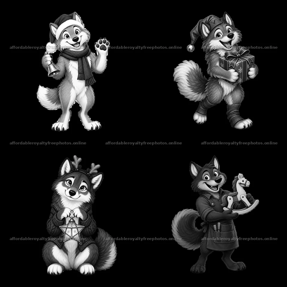 Christmas wolves celebrating with gifts and decorations – royalty-free photos 7746x7746