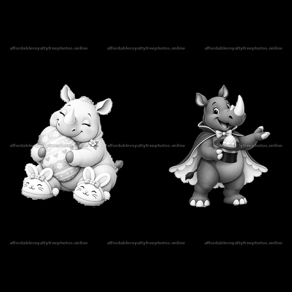 Easter rhinoceros characters with eggs and bunnies for – royalty-free photos 7746x7746