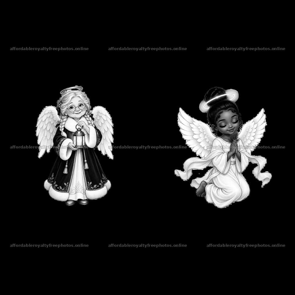 Two Christmas angels with light and prayer in black and – royalty-free photos 7746x7746